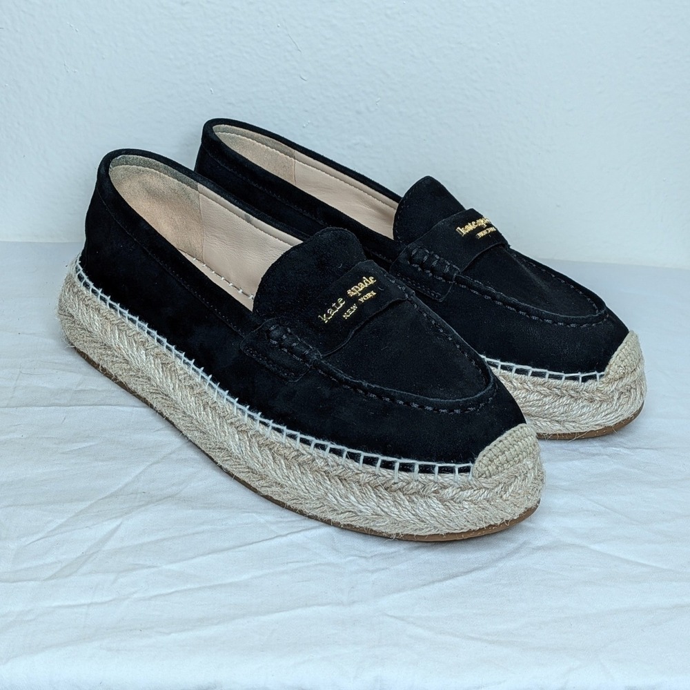 Kate Spade Eastwell Black Suede Espadrille Loafers Platform Shoes 8.5B